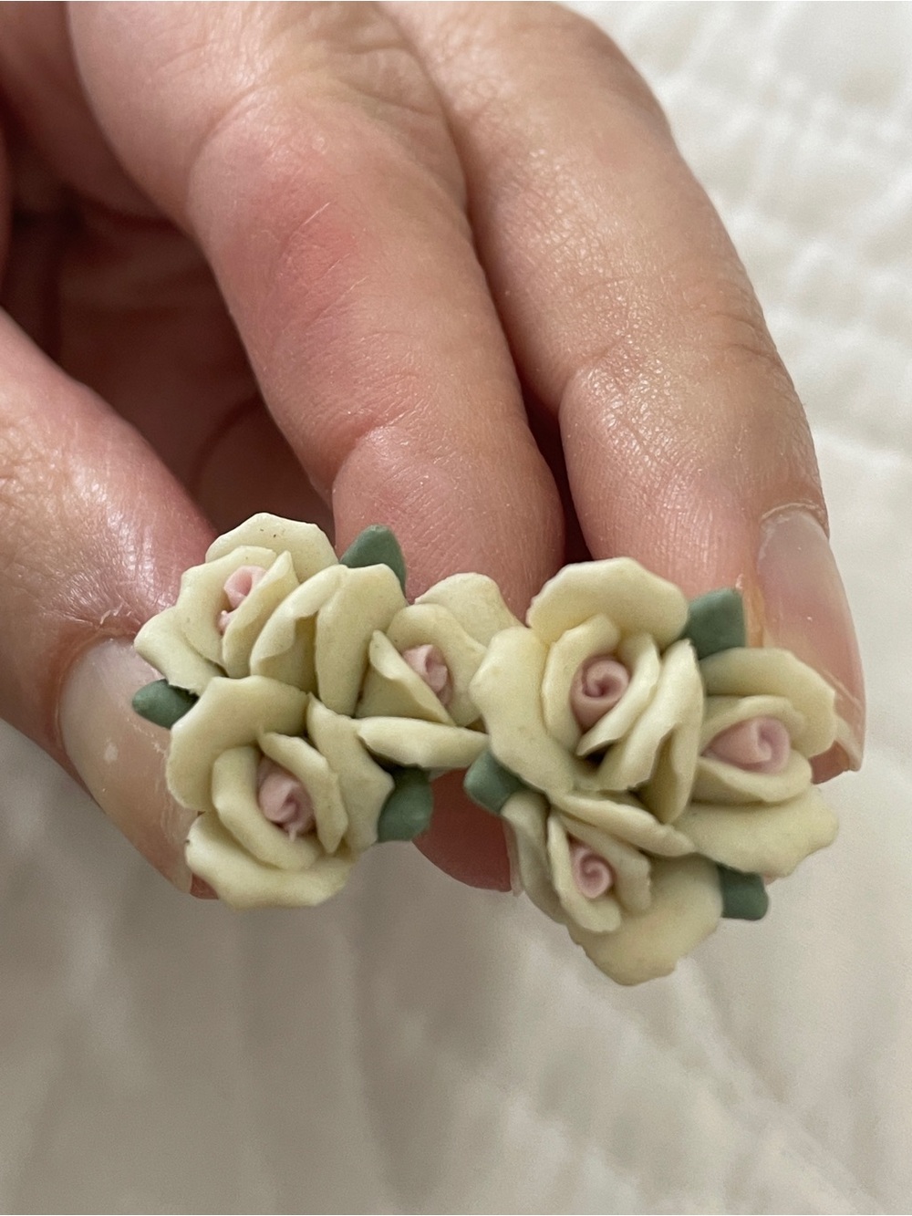 Cream and Pink Porcelain Rose Cluster Stud Earrings